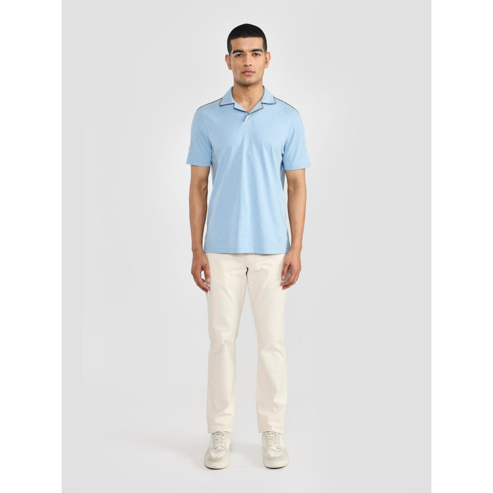 Perona Blue Alex Pure Cotton Collar Neck Solid/Plain Polo T-Shirt