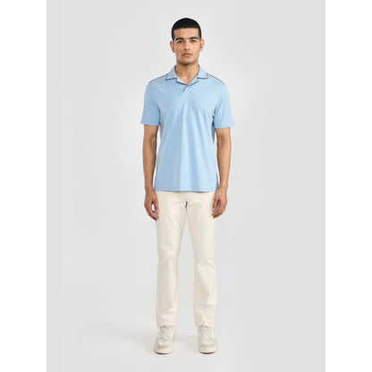 Perona Blue Alex Pure Cotton Collar Neck Solid/Plain Polo T-Shirt