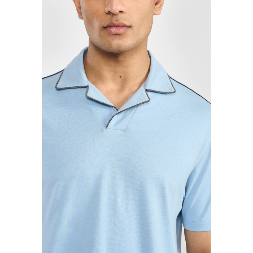 Perona Blue Alex Pure Cotton Collar Neck Solid/Plain Polo T-Shirt