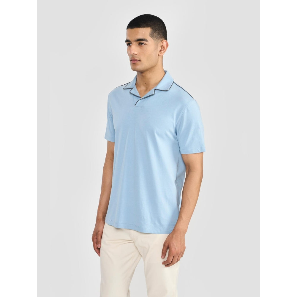 Perona Blue Alex Pure Cotton Collar Neck Solid/Plain Polo T-Shirt