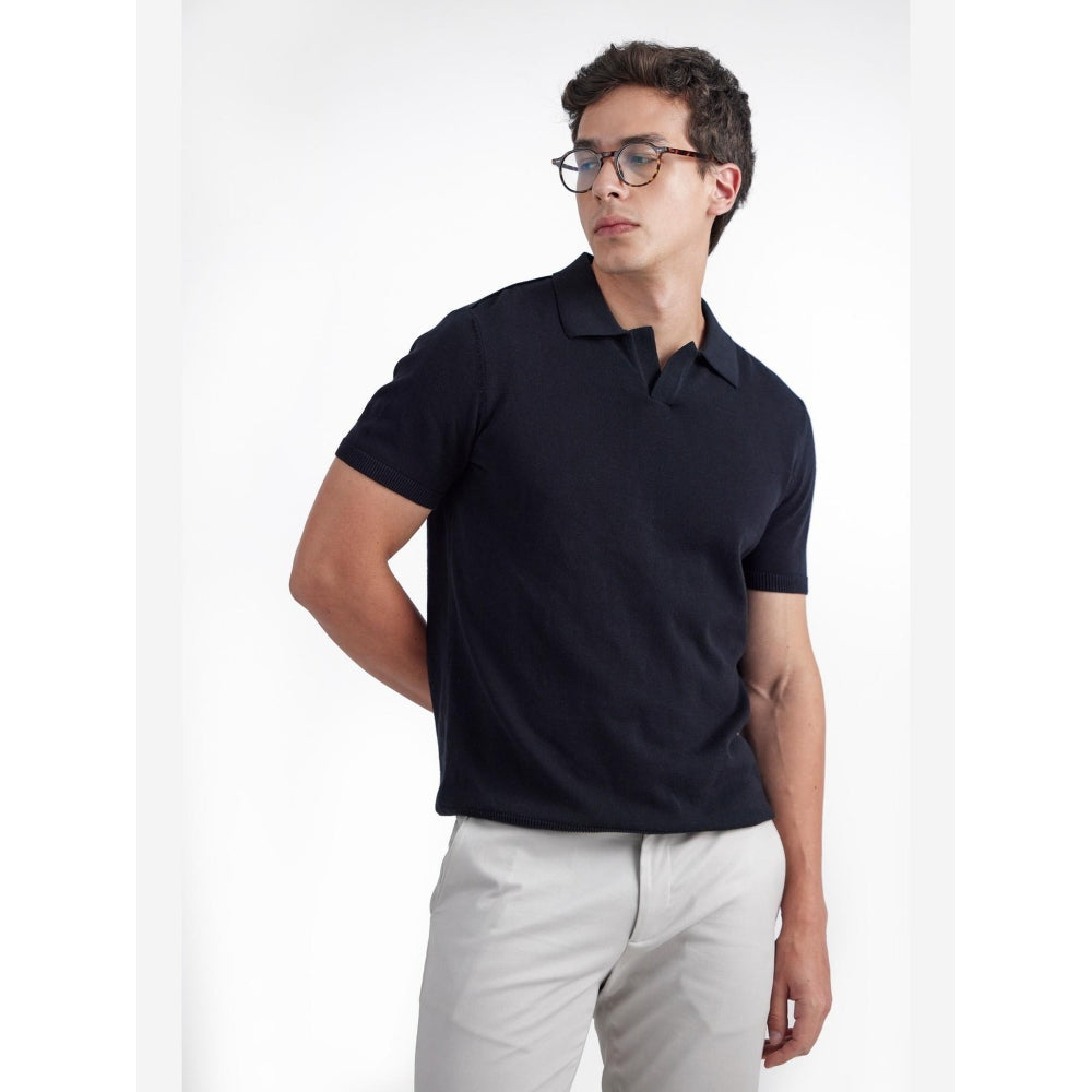Perona Black Jaque Silk Blend Collar Neck Solid/Plain Polo T-Shirt