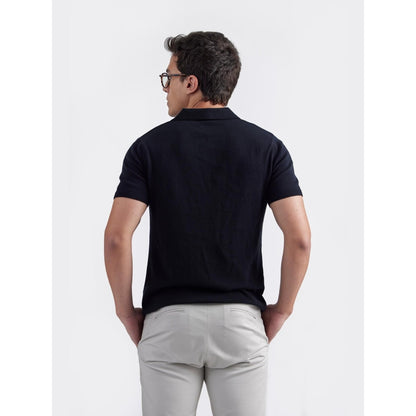 Perona Black Jaque Silk Blend Collar Neck Solid/Plain Polo T-Shirt