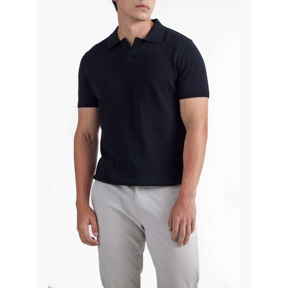 Perona Black Jaque Silk Blend Collar Neck Solid/Plain Polo T-Shirt