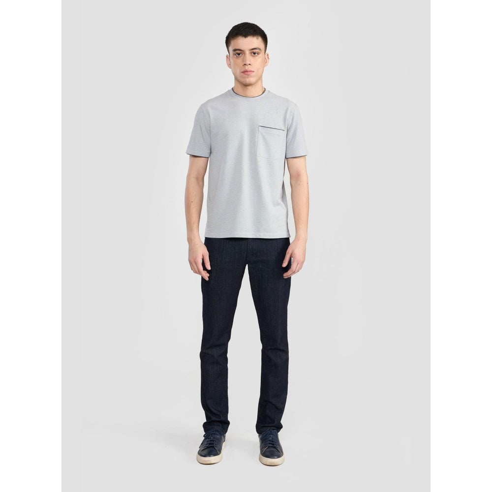 Perona Grey Kairo Cotton Blend Crew Neck Solid/Plain T-Shirt