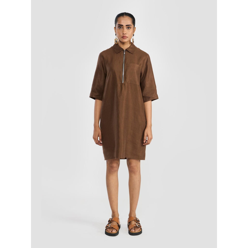 Perona Lillian Brown Half Sleeves A Line Dress