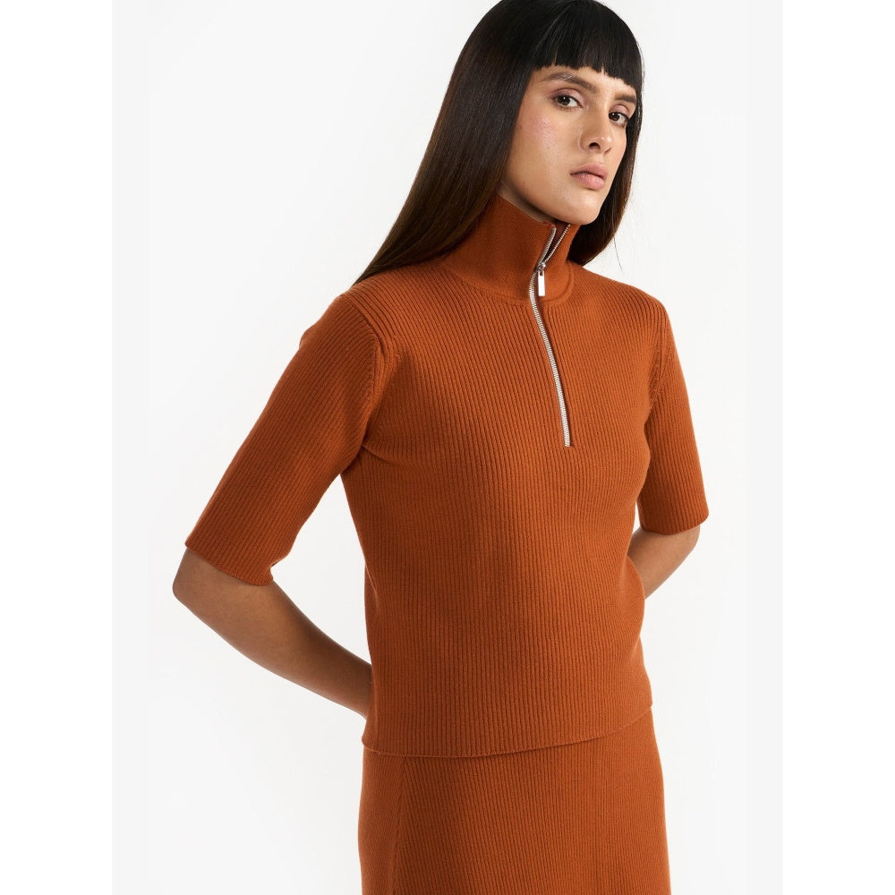 Perona Madilynn Brown High Neck Half Sleeves Top