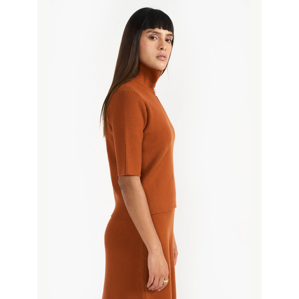 Perona Madilynn Brown High Neck Half Sleeves Top