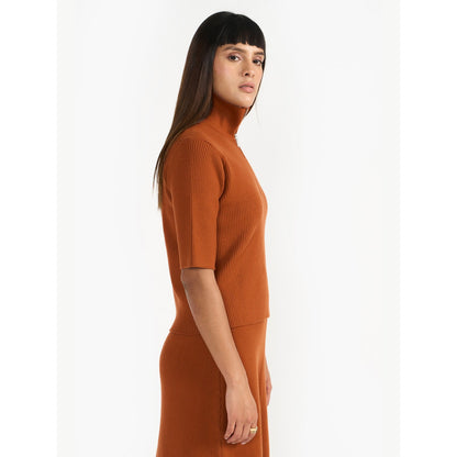 Perona Madilynn Brown High Neck Half Sleeves Top
