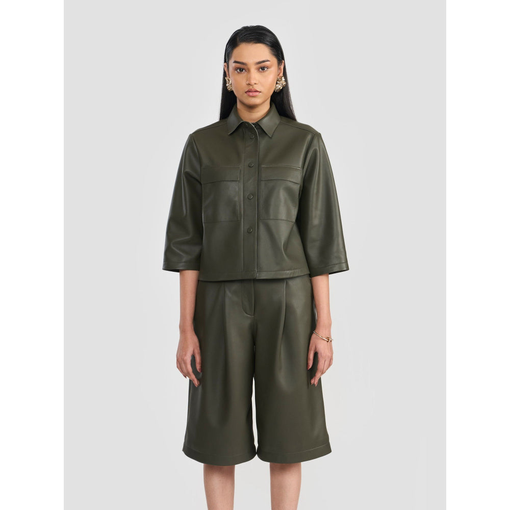 Perona Samantha Olive Leather Three Fourth Sleeves Shirt