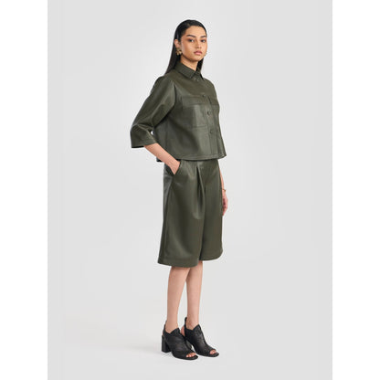 Perona Samantha Olive Leather Three Fourth Sleeves Shirt