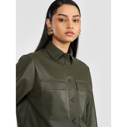 Perona Samantha Olive Leather Three Fourth Sleeves Shirt