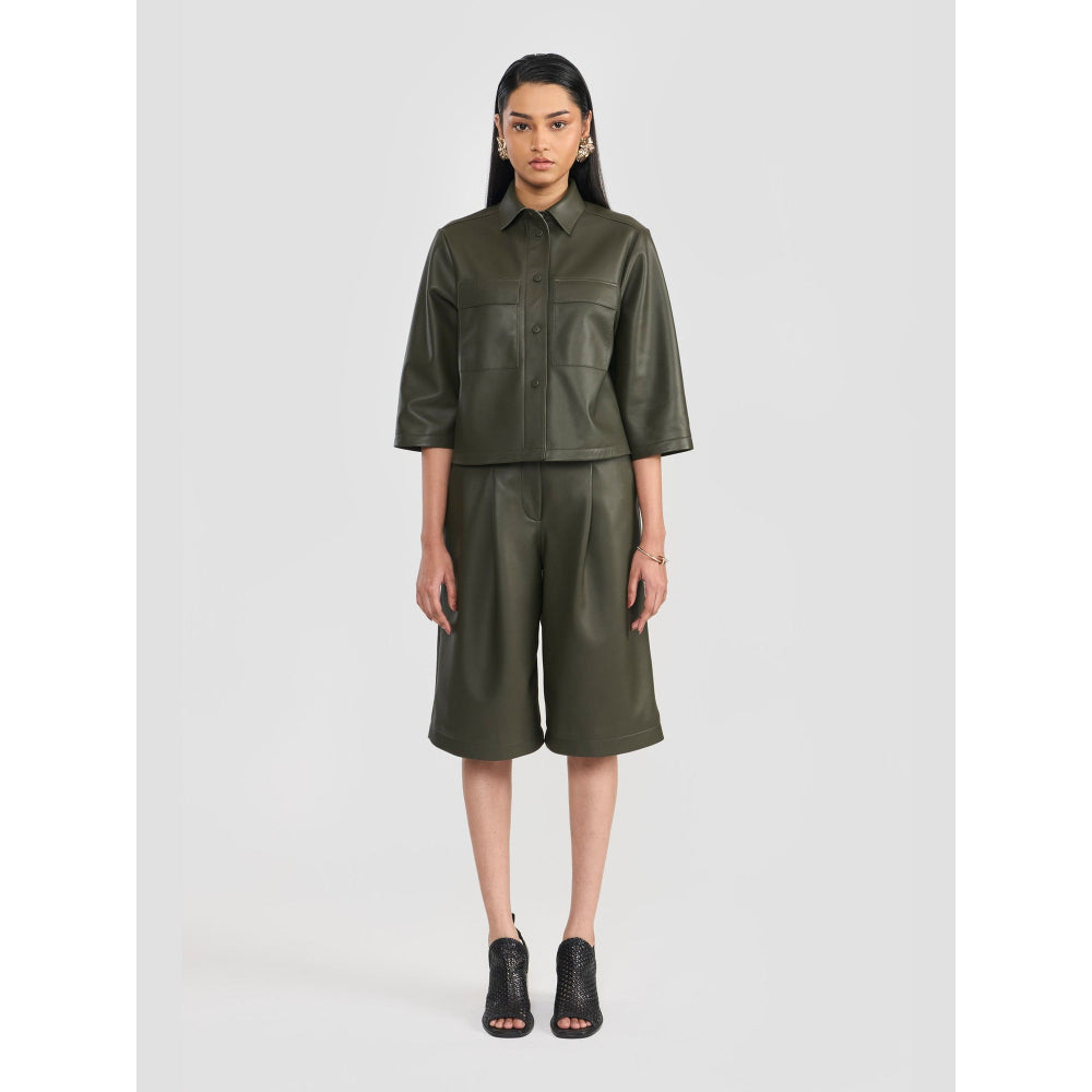 Perona Samantha Olive Leather Three Fourth Sleeves Shirt