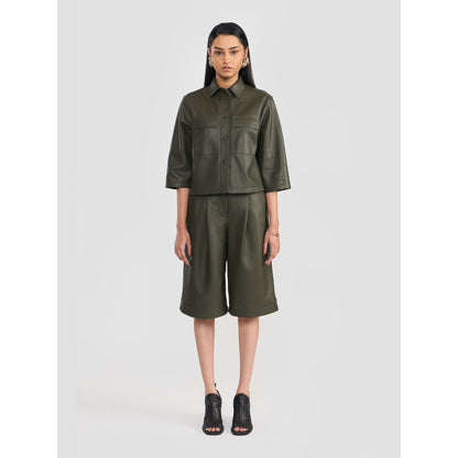 Perona Samantha Olive Leather Three Fourth Sleeves Shirt