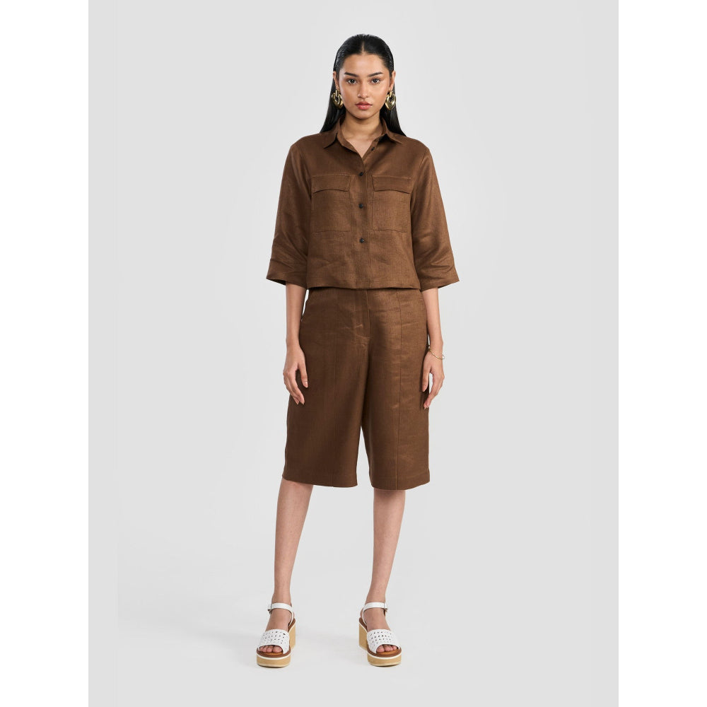 Perona Brenda Brown Solid Half Sleeves Shirt