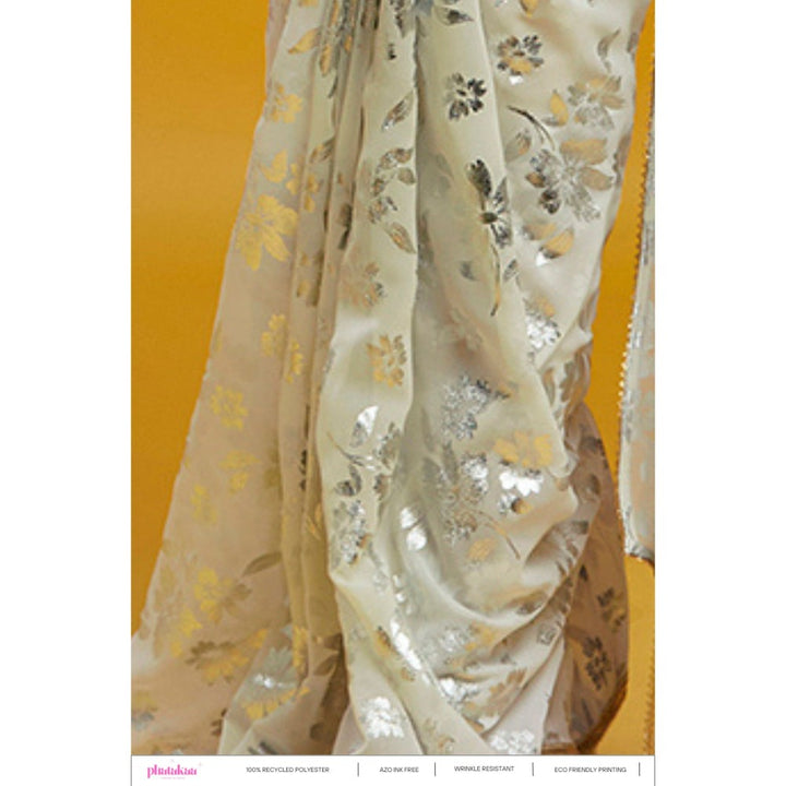 PHATAKAA White & Silver Barfi Saree Without Blouse