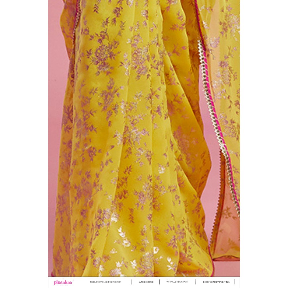 PHATAKAA Yellow Barfi Saree Without Blouse