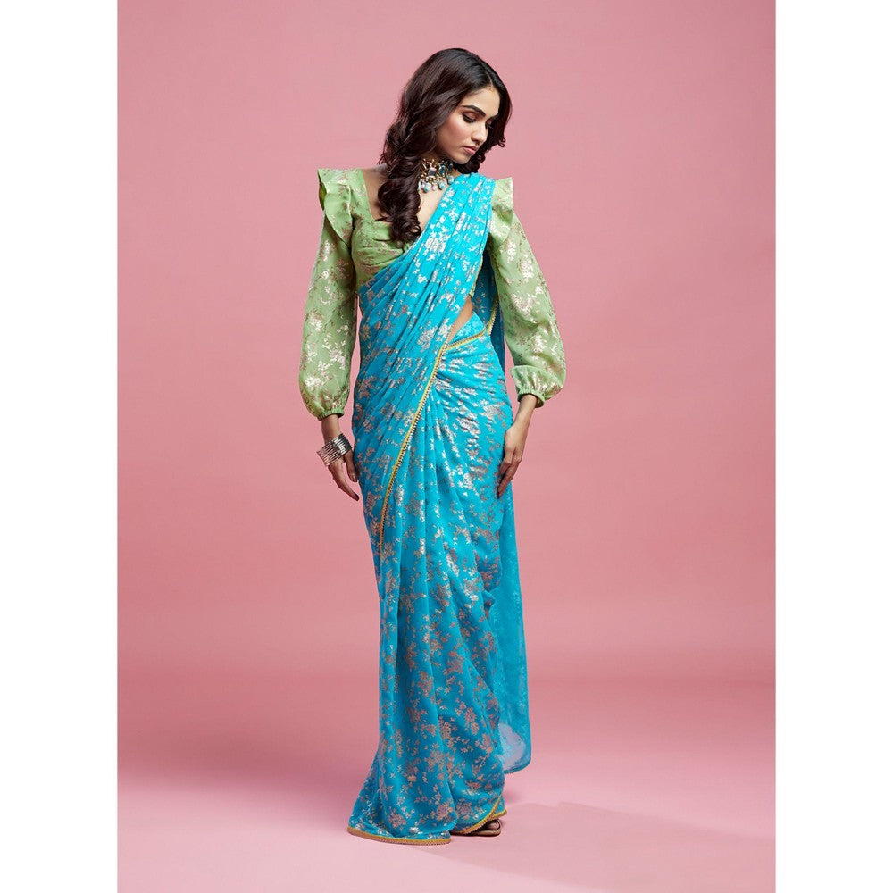 PHATAKAA Turquoise Barfi Saree Without Blouse