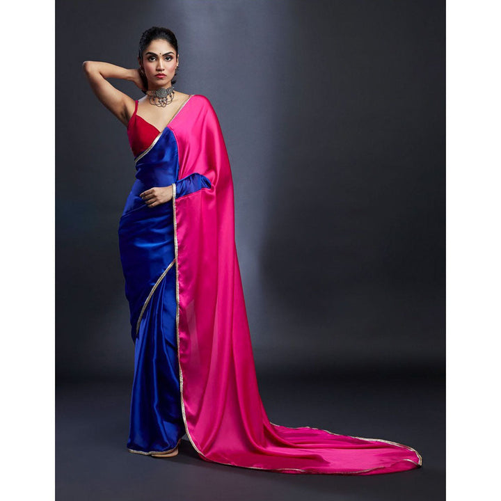 PHATAKAA Electric Blue & Rani Saree With Stitched Blouse