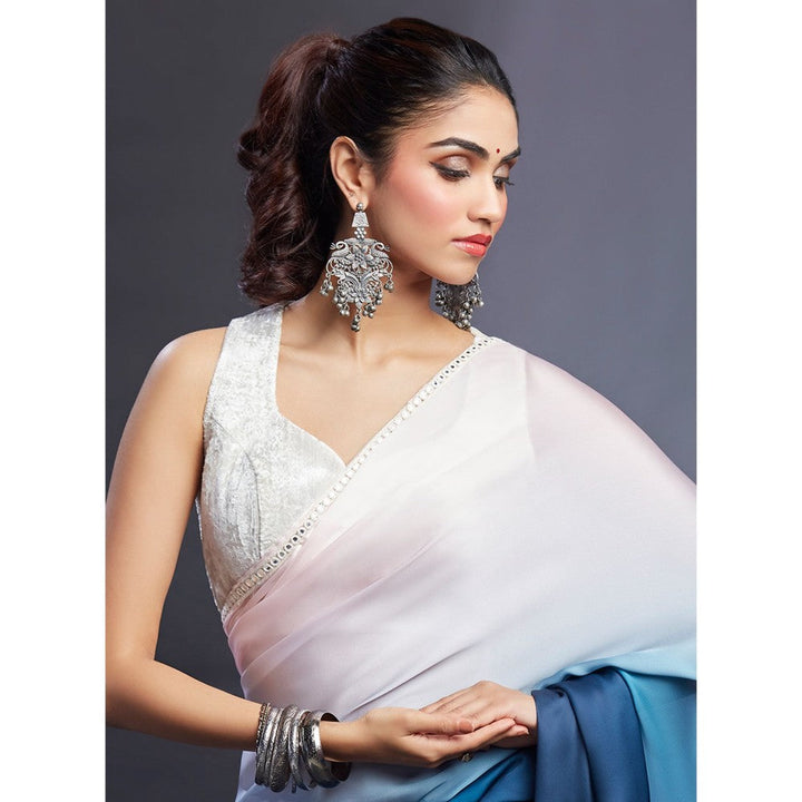 PHATAKAA Pink & Navy Ombre Saree With Stitched Blouse