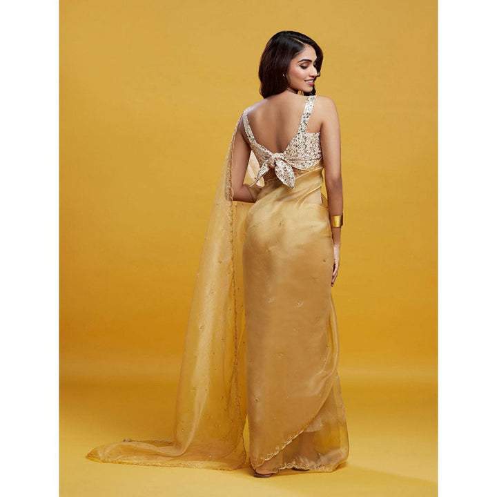 PHATAKAA Gold Organza Saree With Stitched Blouse