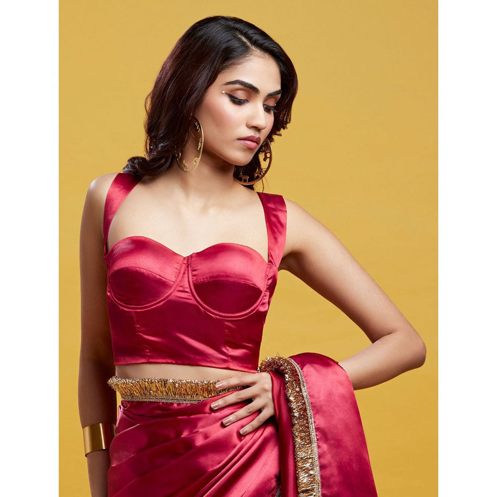 PHATAKAA Red Cocktail Saree With Stitched Blouse