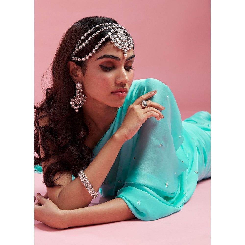PHATAKAA Turquoise Satin Saree With Stitched Blouse