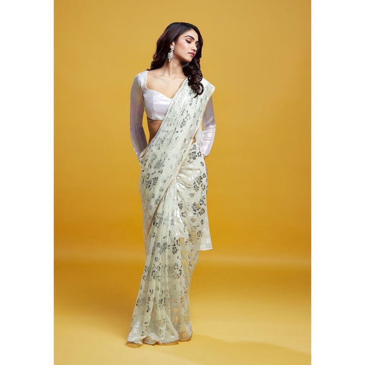 PHATAKAA White & Silver Barfi Saree With Stitched Blouse