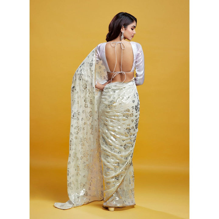 PHATAKAA White & Silver Barfi Saree With Stitched Blouse