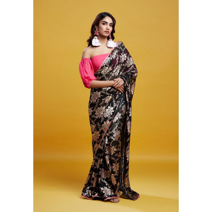 PHATAKAA Black Barfi Saree With Stitched Blouse