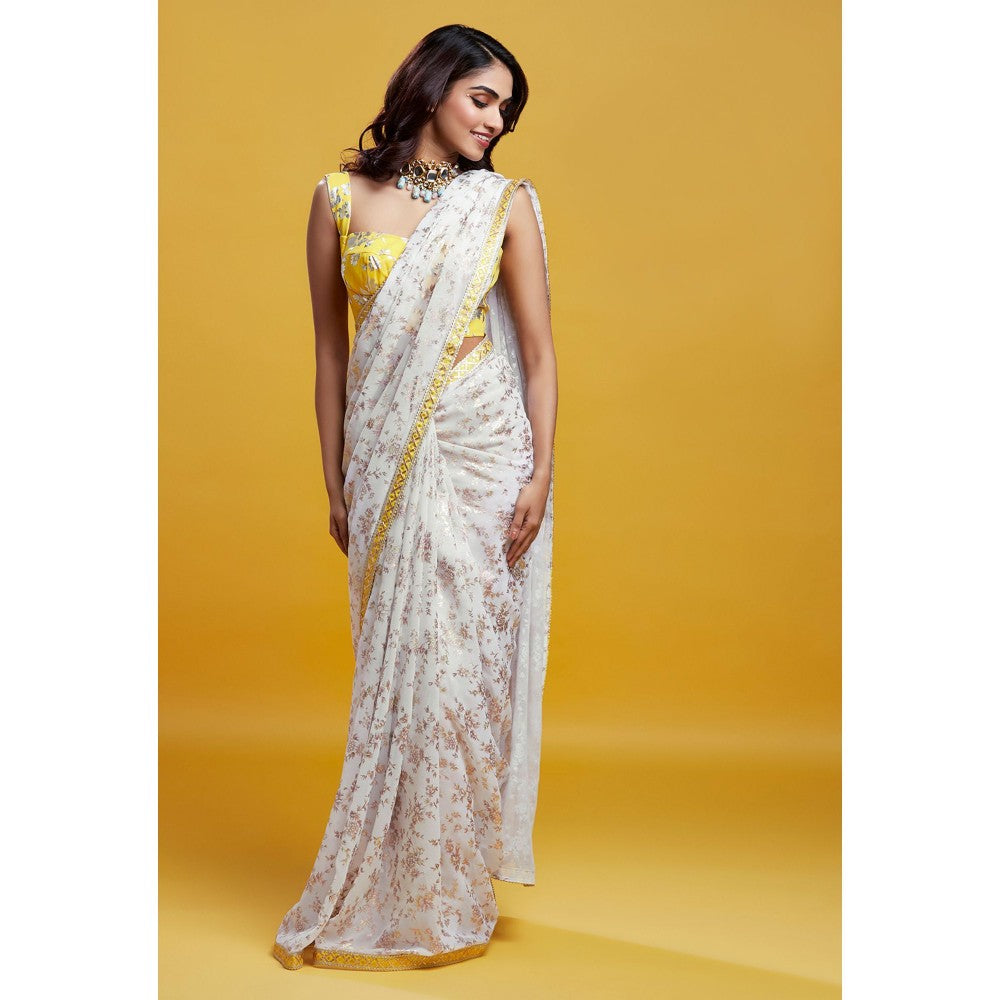PHATAKAA White & Gold Barfi Saree With Stitched Blouse
