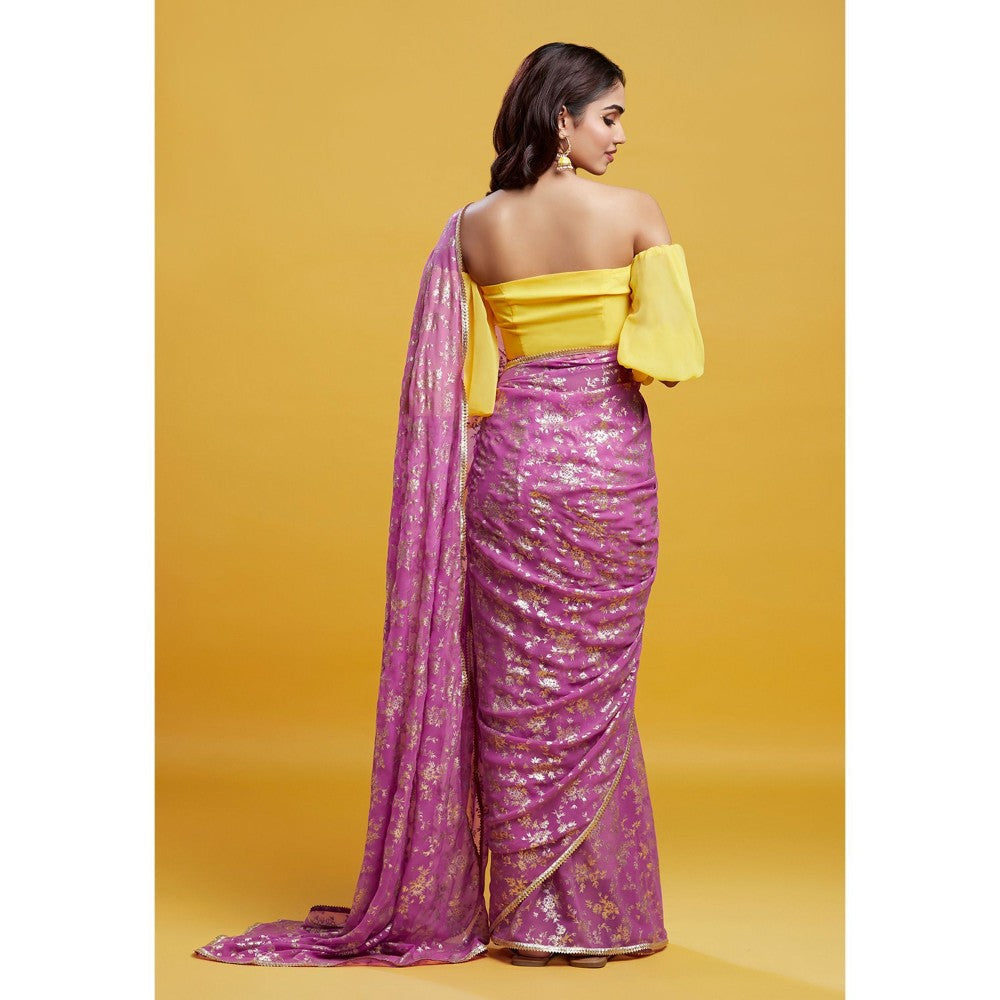 PHATAKAA Purple Barfi Saree With Stitched Blouse