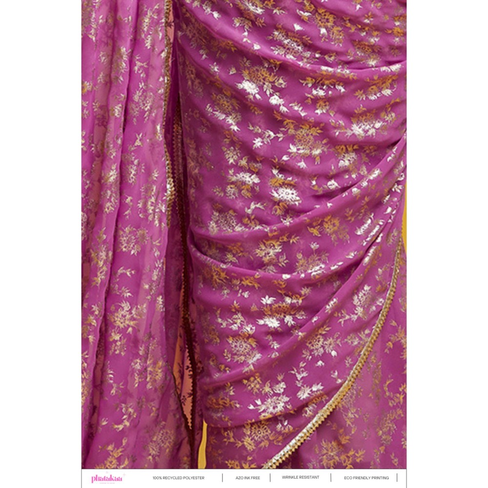 PHATAKAA Purple Barfi Saree With Stitched Blouse