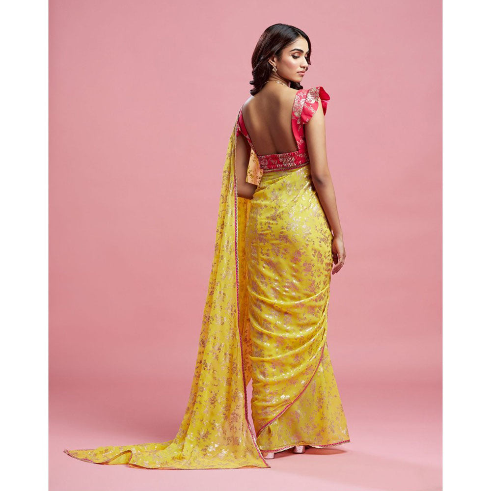 PHATAKAA Yellow Barfi Saree With Stitched Blouse