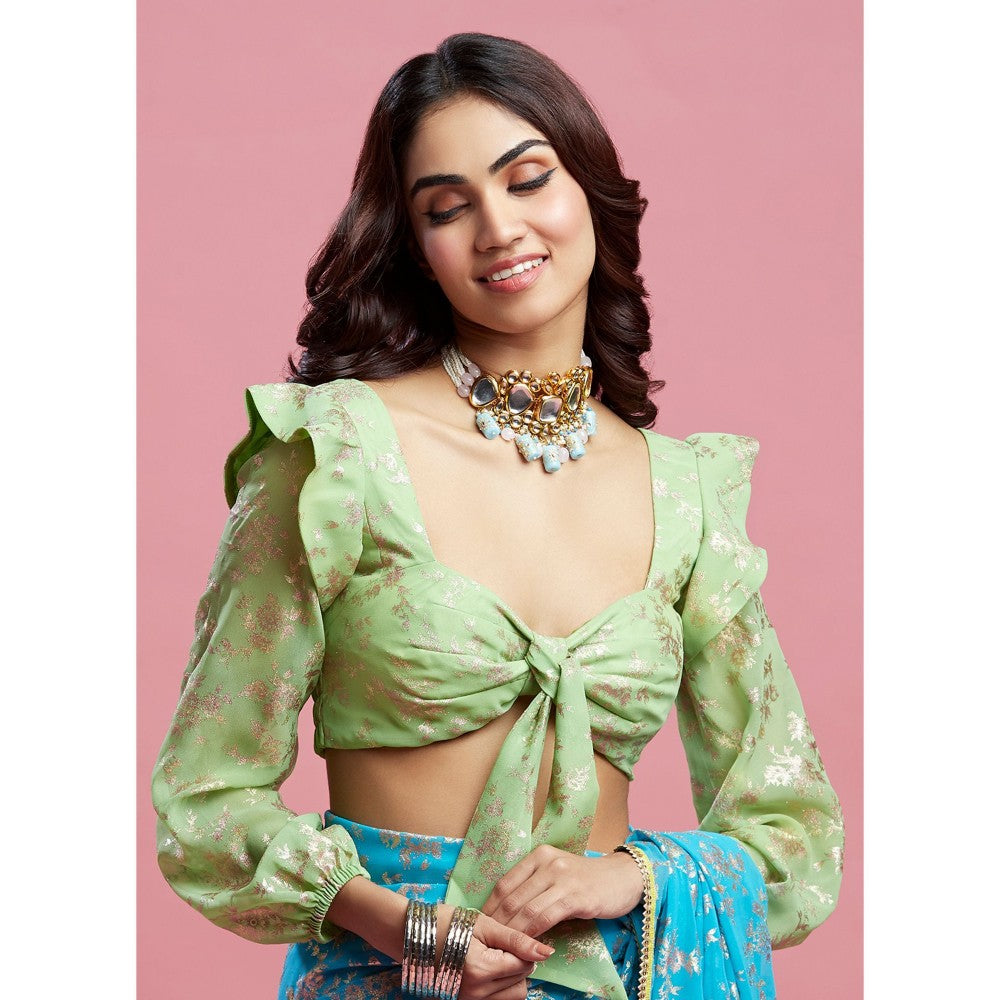 PHATAKAA Turquoise Barfi Saree With Stitched Blouse