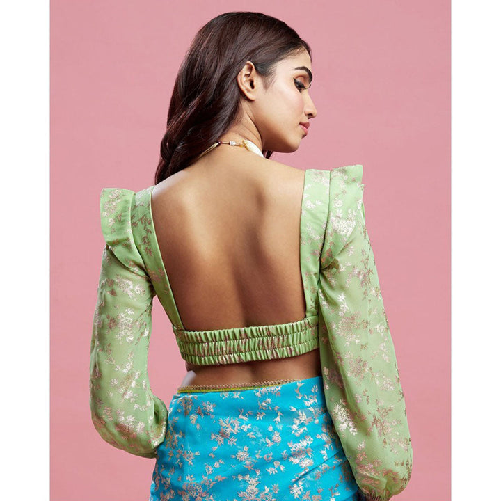 PHATAKAA Turquoise Barfi Saree With Stitched Blouse