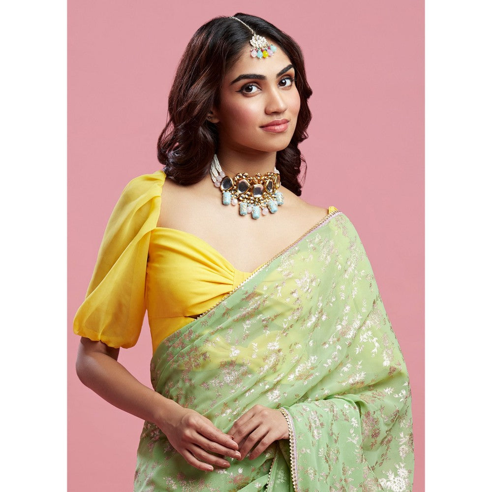 PHATAKAA Lime Barfi Saree With Stitched Blouse