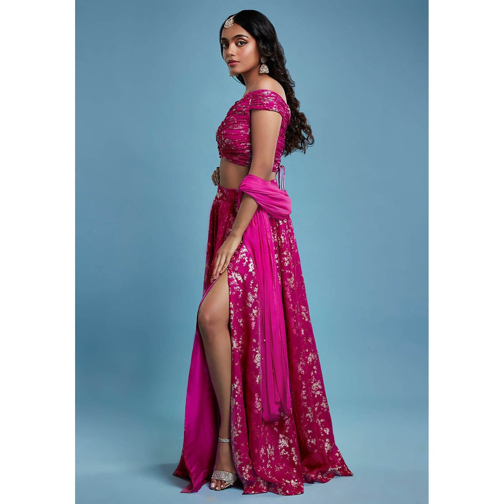 PHATAKAA Hot PInk Offshoulder Vark Lehenga with Stitched Blouse and Dupatta (Set of 3)