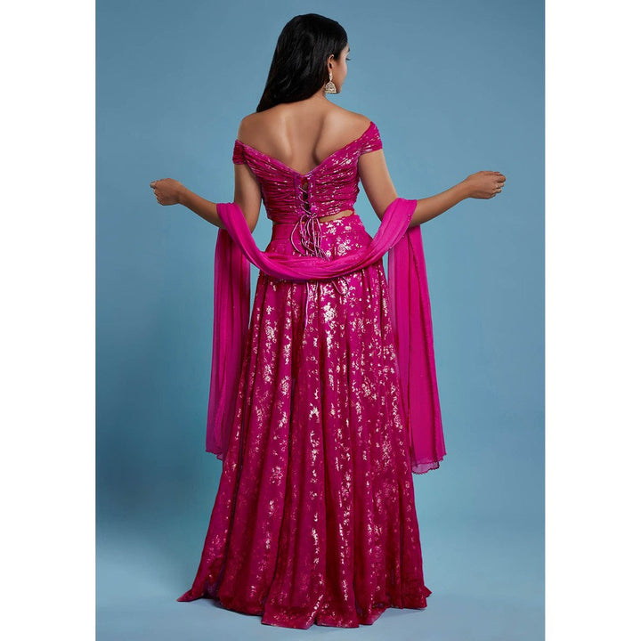 PHATAKAA Hot PInk Offshoulder Vark Lehenga with Stitched Blouse and Dupatta (Set of 3)