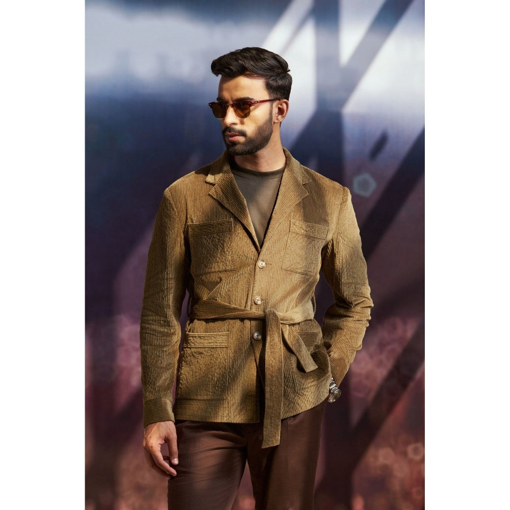 Philocaly Men Olive Notched Lapel Textured Shacket with Belt