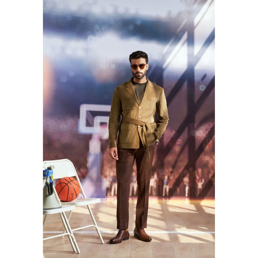 Philocaly Men Olive Notched Lapel Textured Shacket with Belt