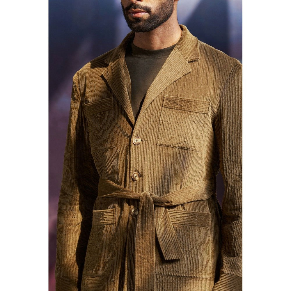 Philocaly Men Olive Notched Lapel Textured Shacket with Belt