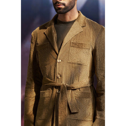 Philocaly Men Olive Notched Lapel Textured Shacket with Belt