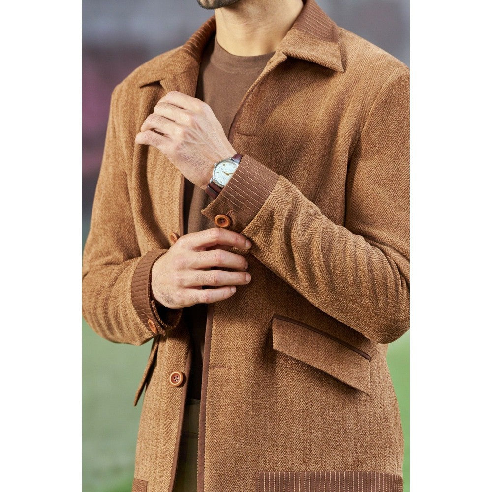 Philocaly Men Brown,Copper Collar Neck Textured Shacket