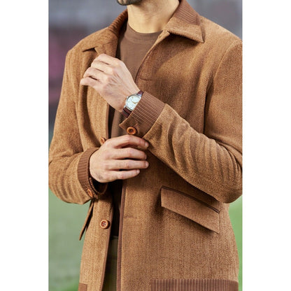 Philocaly Men Brown,Copper Collar Neck Textured Shacket