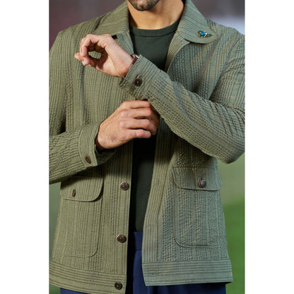 Philocaly Men Olive Collar Neck Textured Shacket