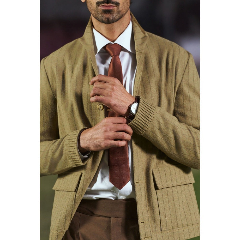 Philocaly Men Olive High Neck Stripes Shacket