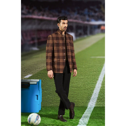 Philocaly Men Brown High Neck Checks Winter Jacket