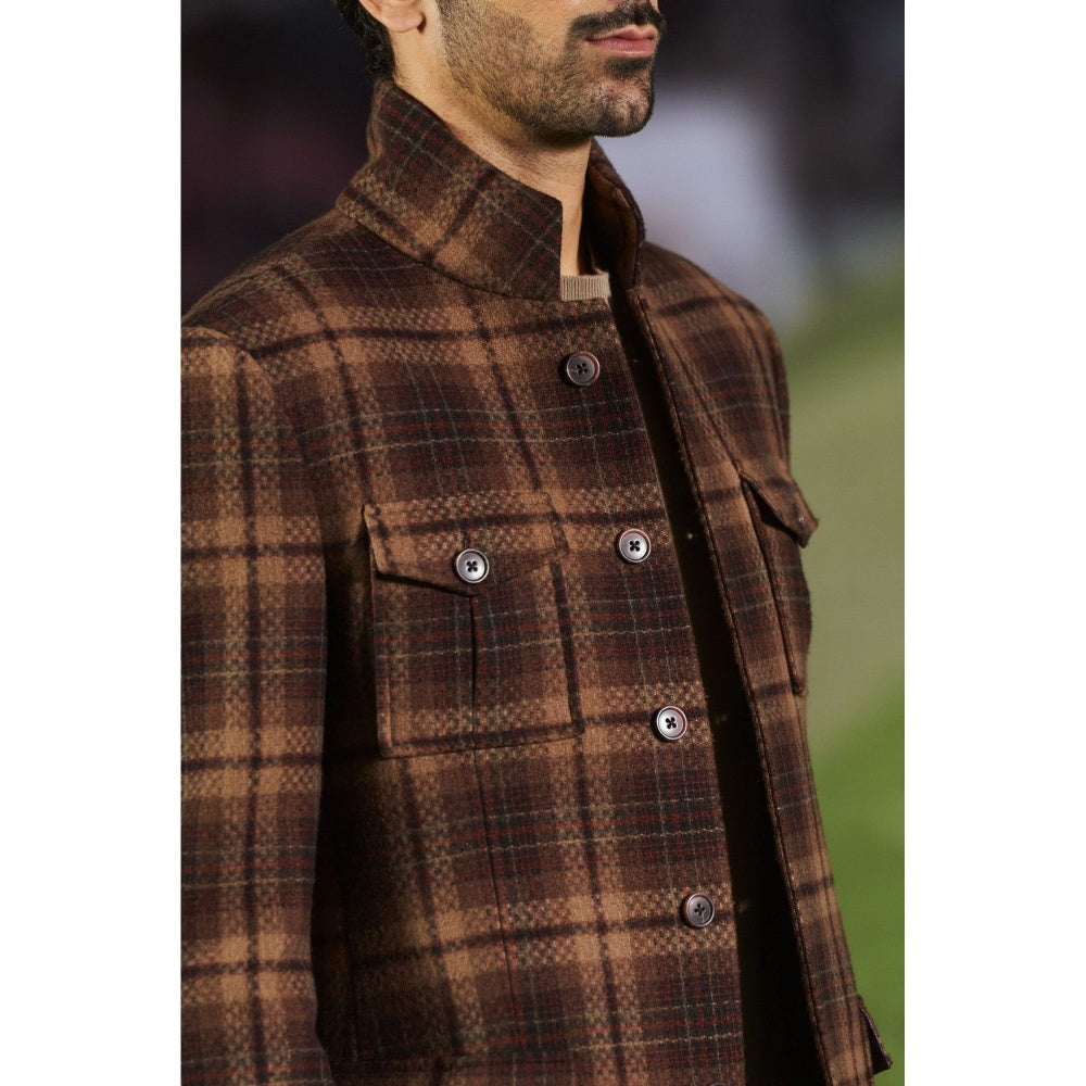 Philocaly Men Brown High Neck Checks Winter Jacket