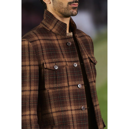 Philocaly Men Brown High Neck Checks Winter Jacket