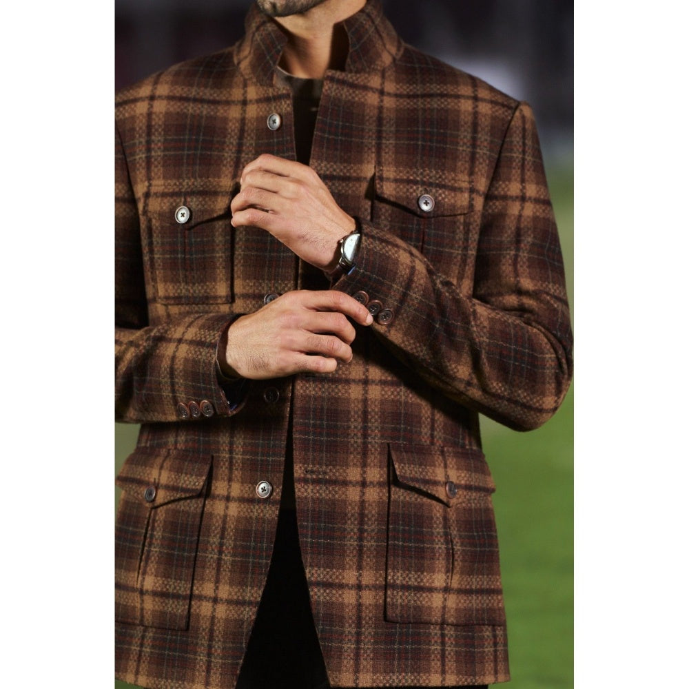 Philocaly Men Brown High Neck Checks Winter Jacket